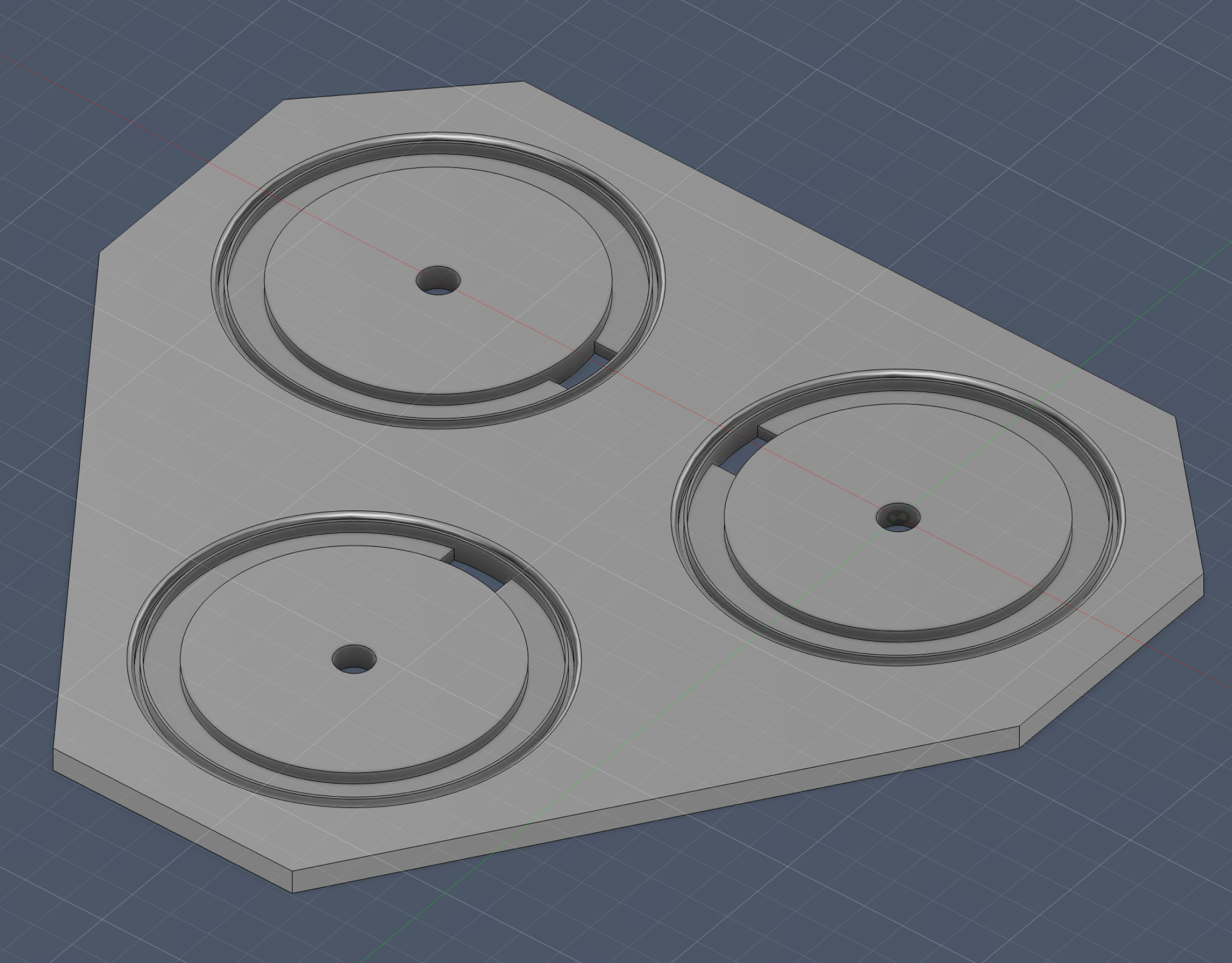 Final 3D modelled top lid, with cutouts for rotary encoders and LED wires, as well as channels for LED rings and the lampshade.