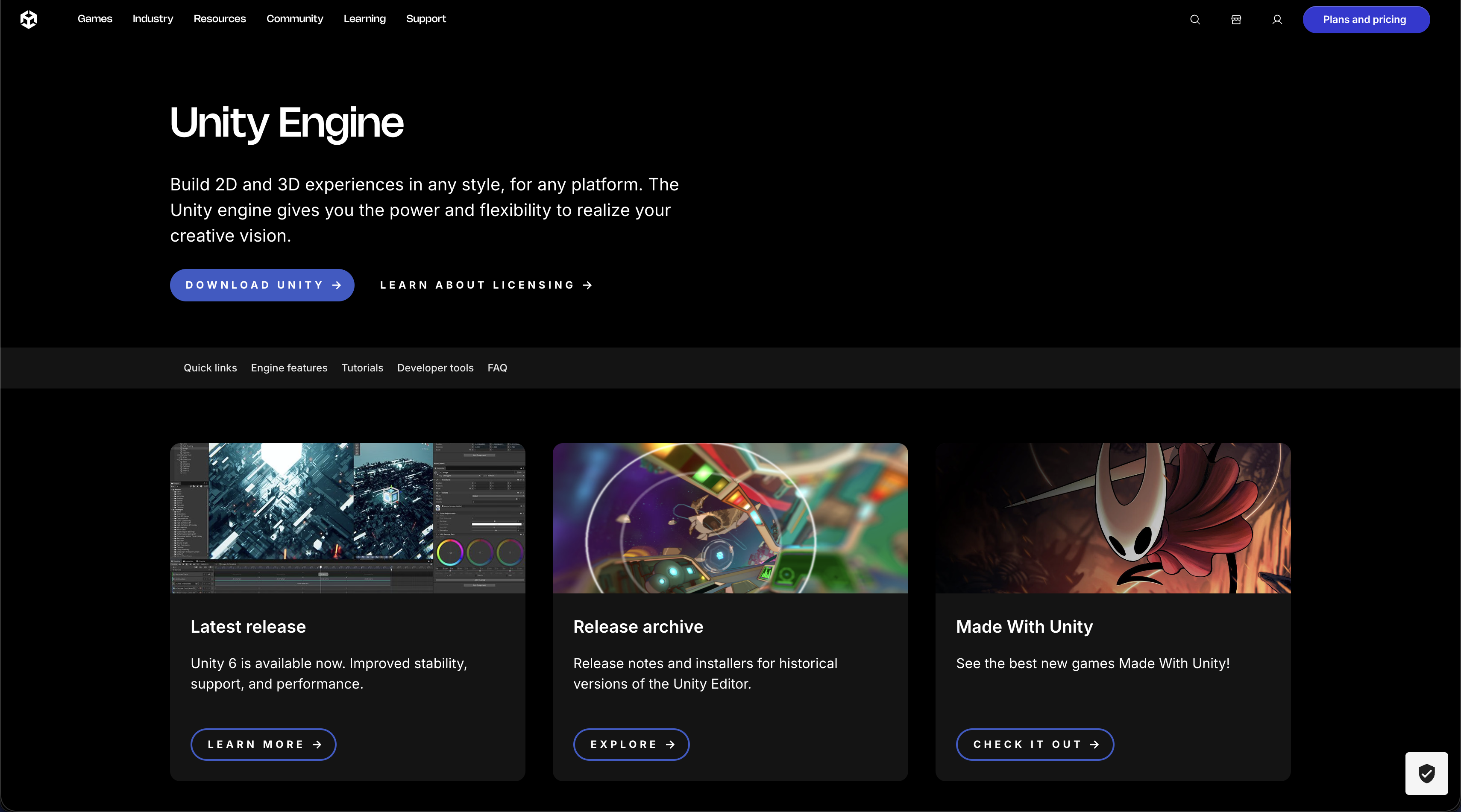 Unity presents itself as a complete toolkit for building 2D/3D experiences across many platforms, combining the creative and technical sides of development. It emphasizes core features like C# scripting, graphics, performance tools, multiplayer, and collaboration, positioning Unity as an ecosystem that supports the full workflow from building and testing to optimizing and shipping.